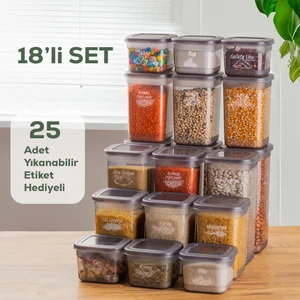 433-GR-6 18 Li Kare Etiketli Gıda Erzak Baharat Saklama Kabı Seti 6x(0.60+1.30+1.90) Lt Gri