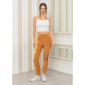 Kadın Janjanlı Kadife Ligralı Tayt Hardal