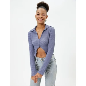 Crop Bluz Asimetrik Kesim Dokulu Slim Fit Uzun Kollu Gömlek Yaka