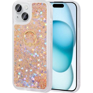 Case 4u Apple iPhone 15 Plus Uyumlu Kılıf Yüzüklü Stand Olabilen Hareket Eden Sim ve Pullu Tasarım Milce Kapak Gold
