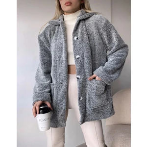Kadın Gri Peluş Welsoft Hırka Cepli Astarsız Düğme Detaylı