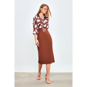 Aksesuar Detaylı Kalem Etek - Kahve