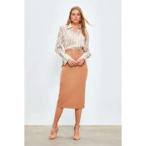 Aksesuar Detaylı Kalem Etek - Camel