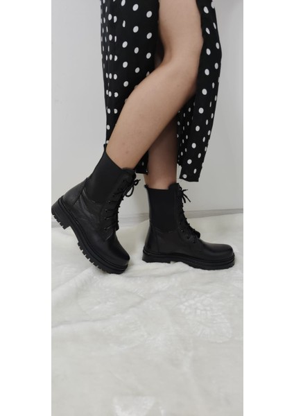 Çiğdem Gerçek Deri Siyah Bağlı, Lastikli Kadın Postal (B3) - Siyah - 39 - ST01199-SİYAH-39 fırsatları