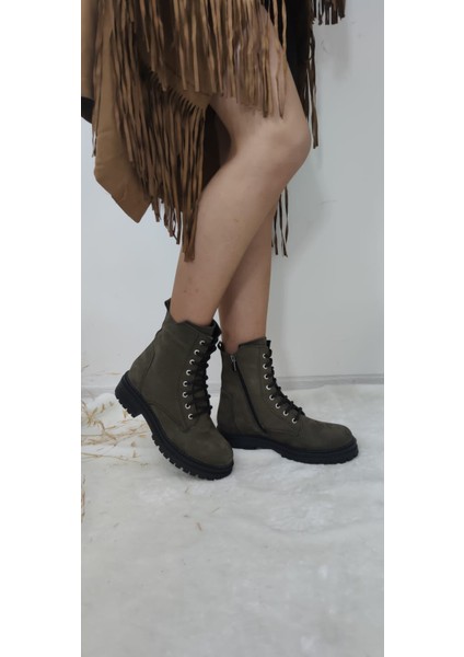 Çiğdem Gerçek Nubuk Deri Yeşil, Fermuarlı Kadın Postal Bot (B4) - Yeşil - 38 - ST01203-YEŞİL-38