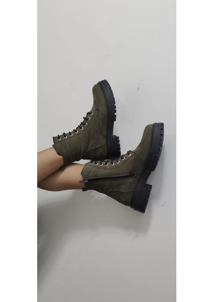 Çiğdem Gerçek Nubuk Deri Yeşil, Fermuarlı Kadın Postal Bot (B4) - Yeşil - 38 - ST01203-YEŞİL-38