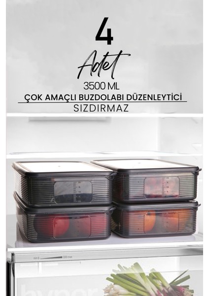 4 Adet 3,5 Litre Buzdolabı Içi Düzenleyici Dikdörtgen Erzak Saklama Kabı Seti - Organizeri 3500ML