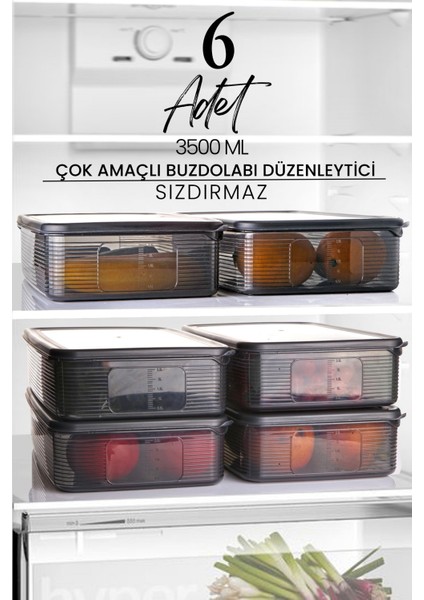 6 Adet 3,5 Litre Buzdolabı Içi Düzenleyici Dikdörtgen Erzak Saklama Kabı Seti - Organizeri 3500ML