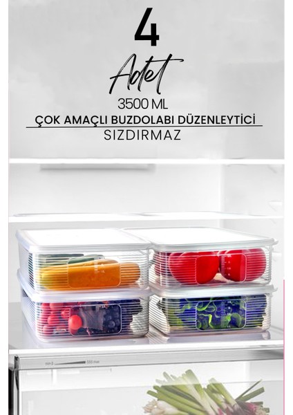 Kitchen Life 4 Adet 3,5 Litre Buzdolabı Içi Düzenleyici Dikdörtgen Erzak Saklama Kabı Seti - Organizeri 3500ML