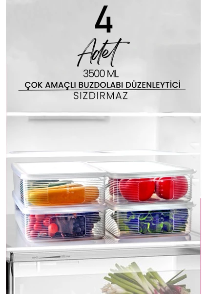 Kitchen Life 4 Adet 3,5 Litre Buzdolabı Içi Düzenleyici Dikdörtgen Erzak Saklama Kabı Seti - Organizeri 3500ML