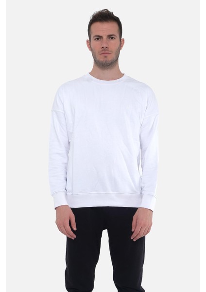 Erkek Üç Iplik Oversize Bisiklet Yaka Beyaz Sweatshirt - M Ovr-1b