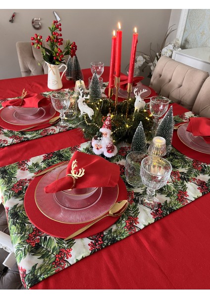 Runner Kokina desen Yılbaşı sofra sunum ranır yeniyıl noel kırmızı