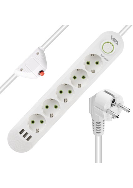 5'li 1.5 Metre Kablolu 3 Usb'li Akım Korumalı Priz 3000W 3 Amper USB Çıkışı Hızlı Şarj
