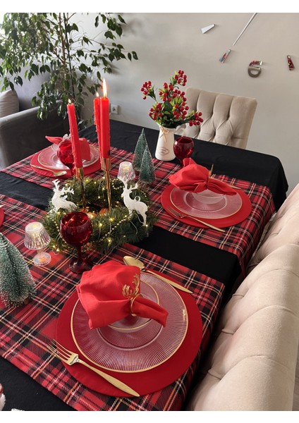 Runner Ekoseli Kırmızı Noelyılbaşıyeniyılchristmas Sofra Sunumdekor