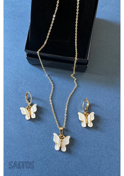 Beyaz Kelebekli Gold Kolye Küpe Doğum Günü Hediyesi Sevgiliye Kelebek Kadın Gold Kolye Küpe Hediyesi