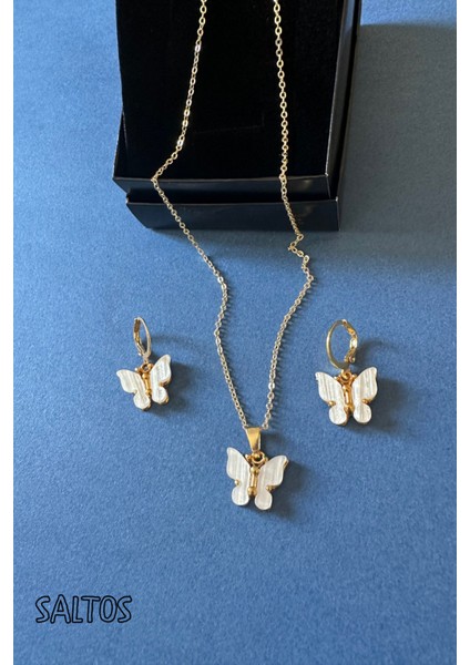 Beyaz Kelebekli Gold Kolye Küpe Doğum Günü Hediyesi Sevgiliye Kelebek Kadın Gold Kolye Küpe Hediyesi fırsatları