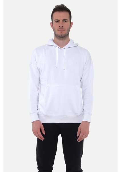 Erkek Üç Iplik Oversize Kapüşonlu Beyaz Sweatshirt - M Ovr-2b