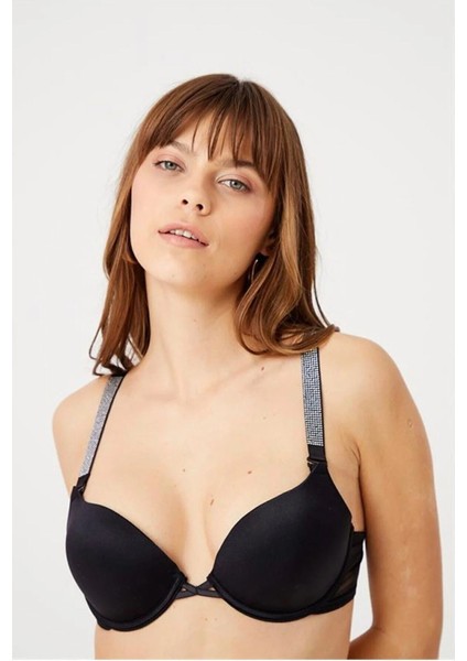 Diva Destekli Double Push Up Siyah Taşlı Sütyen Takımı