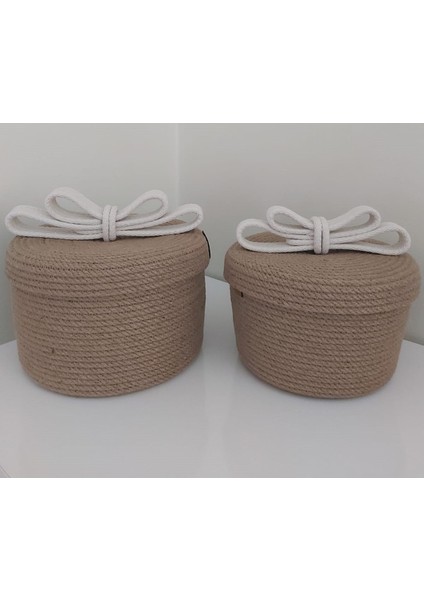 2'li Kapaklı Hasır Sepet Takımı Beyaz&hasır Sepet Düzenleyici Organizer Dekorasyon HEDIYELIK-25X14/22X13
