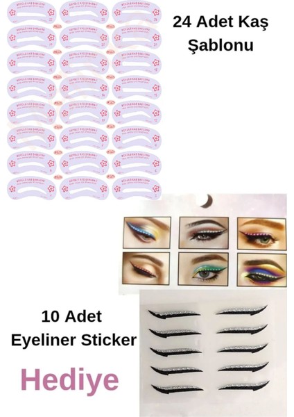 Yeniden Kullanılabilir 24 Adet Kaş Şablonu Şekillendirici 10 Ad Eyeliner Sticker Makyaj Seti Kalıp