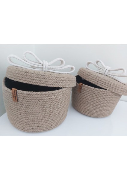 2'li Kapaklı Hasır Sepet Takımı Beyaz&hasır Sepet Düzenleyici Organizer Dekorasyon HEDIYELIK-25X14/22X13