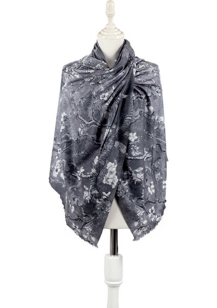 Gri Badem Çiçeği Desen Kışlık Şal