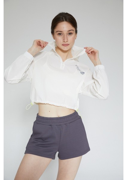 Beyaz Kadın Dik Yaka Crop Sweatshirt - Regla