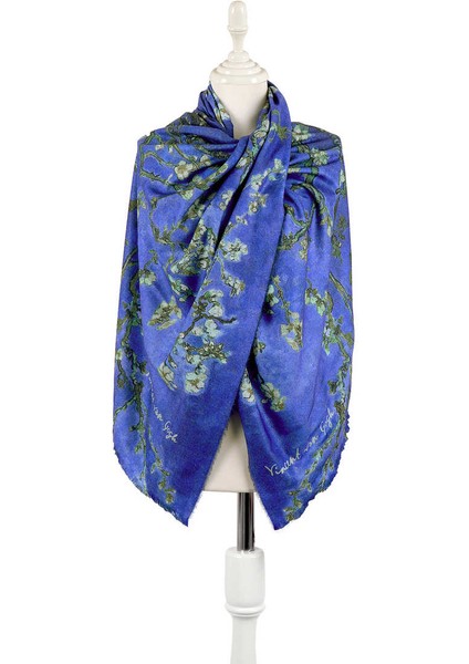 Mavi Badem Çiçeği Desen Kışlık Şal