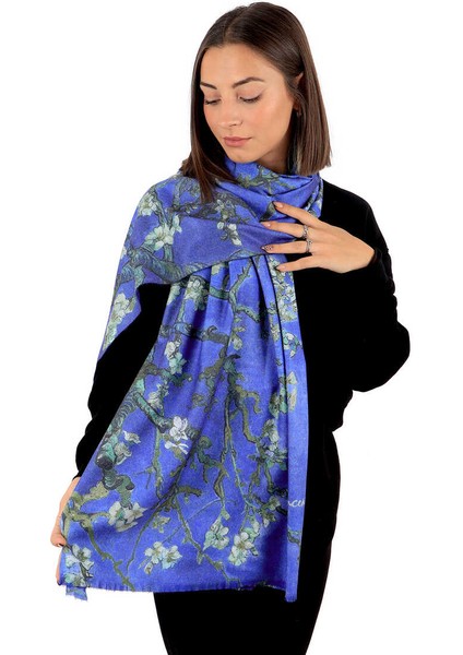 Mavi Badem Çiçeği Desen Kışlık Şal fiyatları