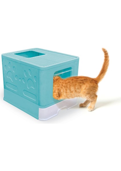 Kapalı Kedi Tuvaleti Çekmeceli Üstten Çıkış Mavi