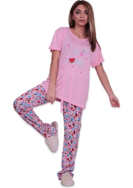 Baskılı Poplin Kısa Kollu Kadın Pijama Takımı 9004 | Pembe