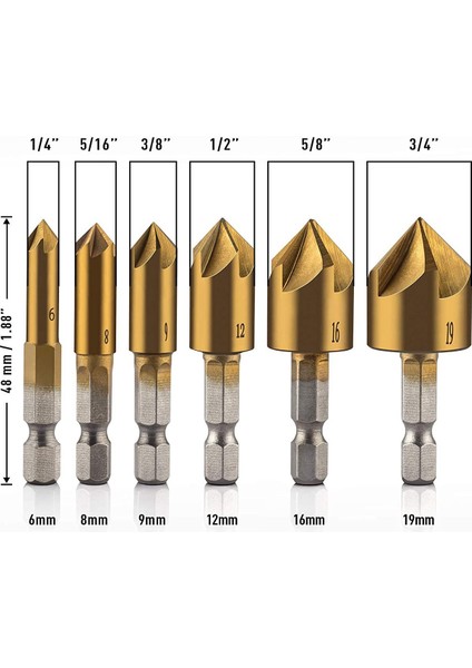 6 Adet 1/4 Inç Hex Havşa Matkap Uçları Merkezi Punch Seti Hss 5 Flüt Havşa 90 Derece Merkezi Punch Aracı Setleri (Yurt Dışından)