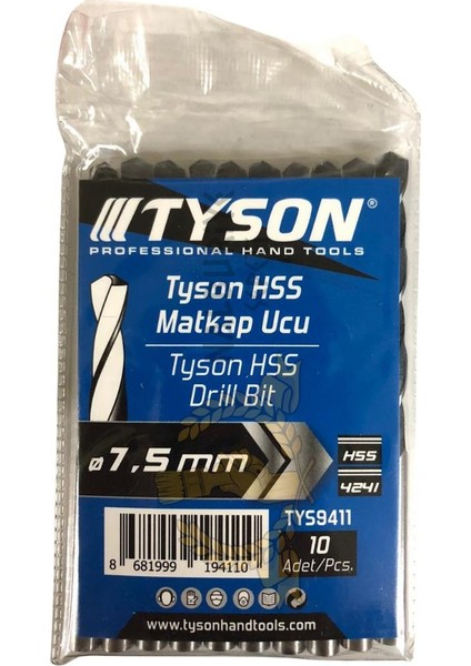 Kupa Tyson Metal Ahşap Delici Hss Matkap Ucu 7.5 Mm. - 10 Adet