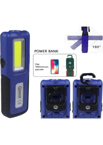 Şarjlı LED Fener Mıknatıslı Lamba Powerbank 420 Lumen