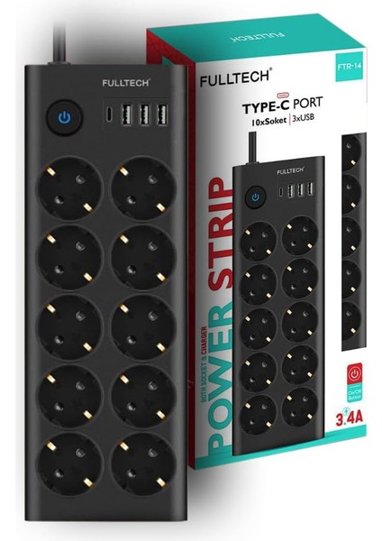 Type-C Port Girişli Akım Korumalı 10'lu Priz, 3 Usb, 1 Type-C Giriş, Isıya Dayanıklı, Ftr-14