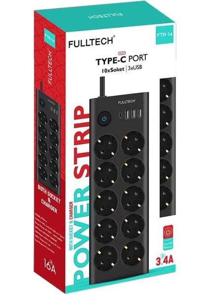 Type-C Port Girişli Akım Korumalı 10'lu Priz, 3 Usb, 1 Type-C Giriş, Isıya Dayanıklı, Ftr-14