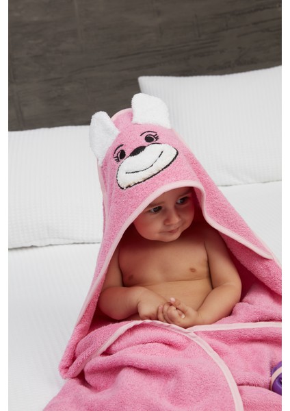 Pupy Bear Pamuklu Kapşonlu Kız-erkek Yenidoğan Bebek Kundak Havlusu Nakış Işlemeli Pembe 100x100cm