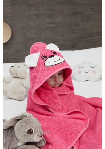 Pupy Bear Pamuklu Kapşonlu Kız-erkek Yenidoğan Bebek Kundak Havlusu Nakış Işlemeli Fuşya 100x100cm