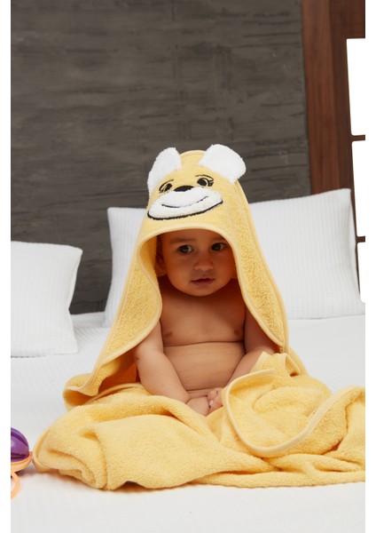 Pupy Bear Pamuklu Kapşonlu Kız-erkek Yenidoğan Bebek Kundak Havlusu Nakış Işlemeli Sarı 100x100cm