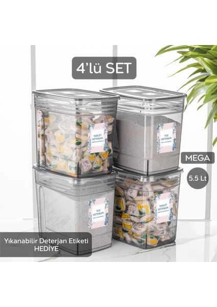 4'lü Set - Jumbo Toz ve Tablet Deterjan Saklama Kabı -Kapaklı Çok Amaçlı Saklama Kutusu 4x5,5 Lt