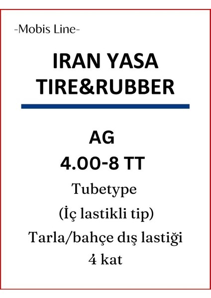 IRAN YASA TIRE&RUBBER Ag 400-8 Tt( Iç Lastikle Kullanıma uygundur)Tarla/bahçe/zirai Motosiklet Dış Lastiği