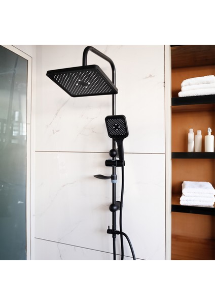 Banora Deluxe Kare Duş Sistemi, 2 Fonksiyon El Duşu Takımı, Paslanmaz Çelik, Standart Sabunluk, Siyah