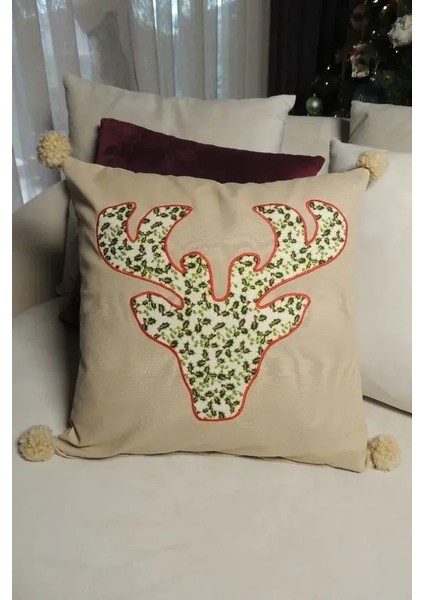 Kokina Geyik Motifli Dekoratif Yılbaşı Kırlent Kılıfı 45x45 cm