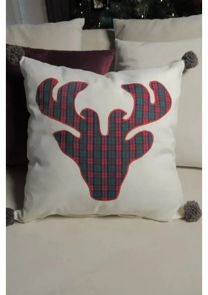 Ekose Geyik Motifli Dekoratif Yılbaşı Kırlent Kılıfı Kırmızı 45x45 cm modelleri