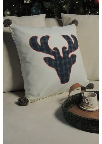 Ekose Geyik Motifli Dekoratif Yılbaşı Kırlent Kılıfı Yeşil 45x45 cm