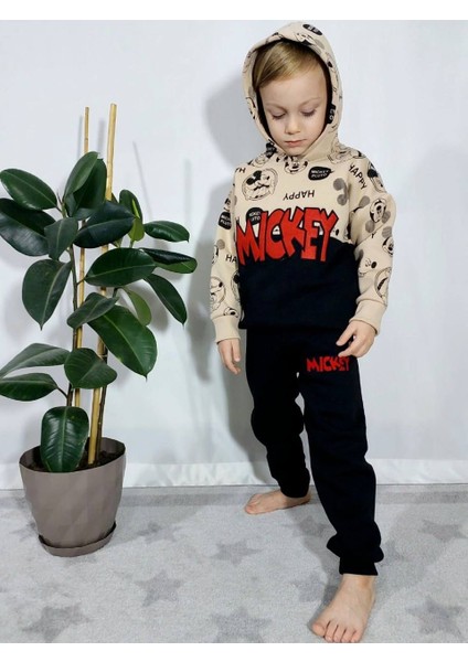 Minigimin Cicileri Mickey Aplike Desen Kapüşonlu Erkek Çocuk Takım - Siyah