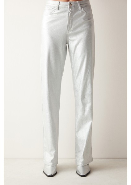 Silver Yüksek Bel Metalik Straight Fit Pantolon