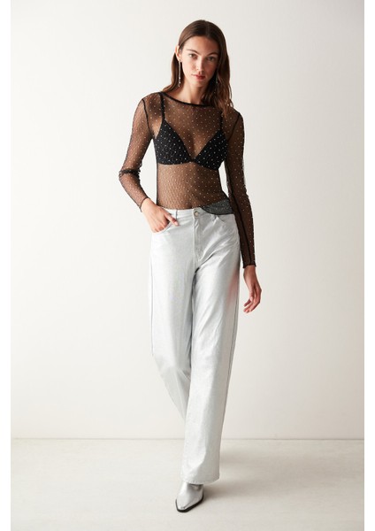 Silver Yüksek Bel Metalik Straight Fit Pantolon fiyatları