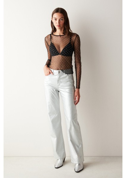 Silver Yüksek Bel Metalik Straight Fit Pantolon modelleri