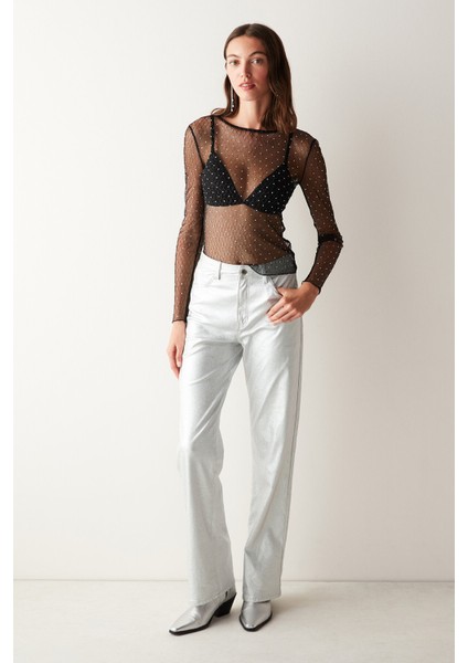 Silver Yüksek Bel Metalik Straight Fit Pantolon fırsatları